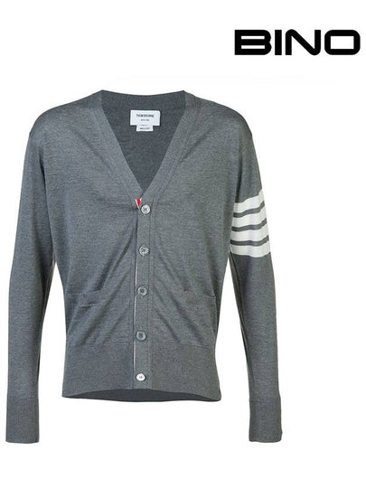 Men's Classic V-neck Merino Wool Cardigan Medium Grey - THOM BROWNE - BALAAN 2