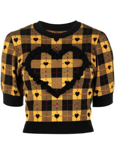 Heart Plaid Print Short Sleeve Knit Top Yellow - ALESSANDRA RICH - BALAAN 1