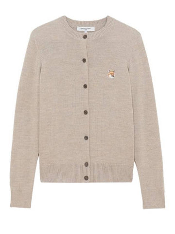 Fox Head Patch Adjusted Round Neck Cardigan Beige Melange - MAISON KITSUNE - BALAAN.