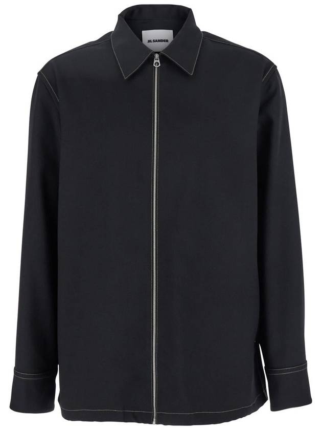 Black Zip-Up Shirt With Contrasting Stitching In Tech Fabric Man - JIL SANDER - BALAAN 1