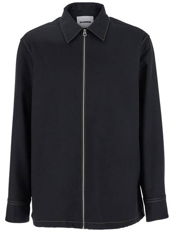 Black Zip-Up Shirt With Contrasting Stitching In Tech Fabric Man - JIL SANDER - BALAAN 1