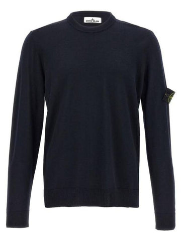 Logo Patch Crewneck Virgin Wool Knit Top Navy - STONE ISLAND - BALAAN 1