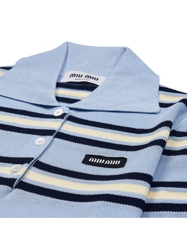 Striped Knit Silk Cotton Polo Shirt Blue - MIU MIU - BALAAN 4