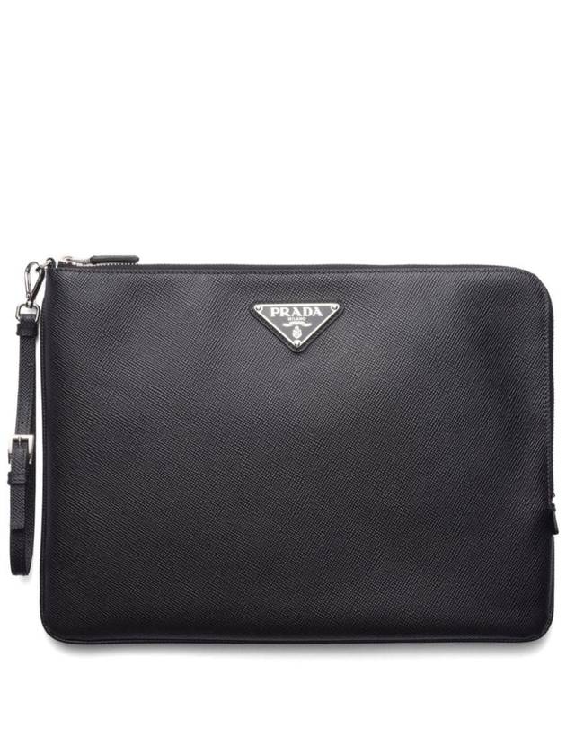 Triangle Logo Large Saffiano Clutch Bag Black - PRADA - BALAAN 2