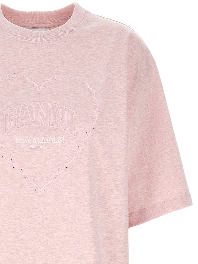 Drop Shoulder Heart Embroidery Short Sleeved T-Shirt Chalk Pink - GANNI - BALAAN 4