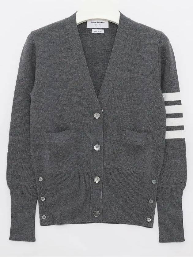 Milano Stitch 4 Bar Classic V Neck Fine Merino Wool Cardigan Medium Grey - THOM BROWNE - BALAAN 4