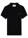 Embroidered Heart Logo Short Sleeve Polo Shirt Black - AMI - BALAAN 2