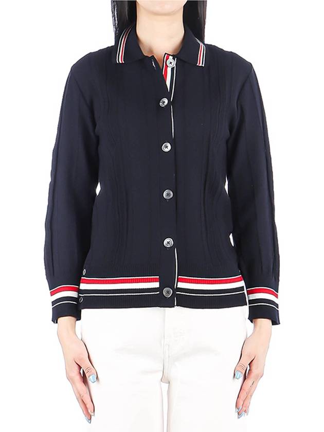 High Twist Cotton Stripe Polo Cardigan Navy - THOM BROWNE - BALAAN.