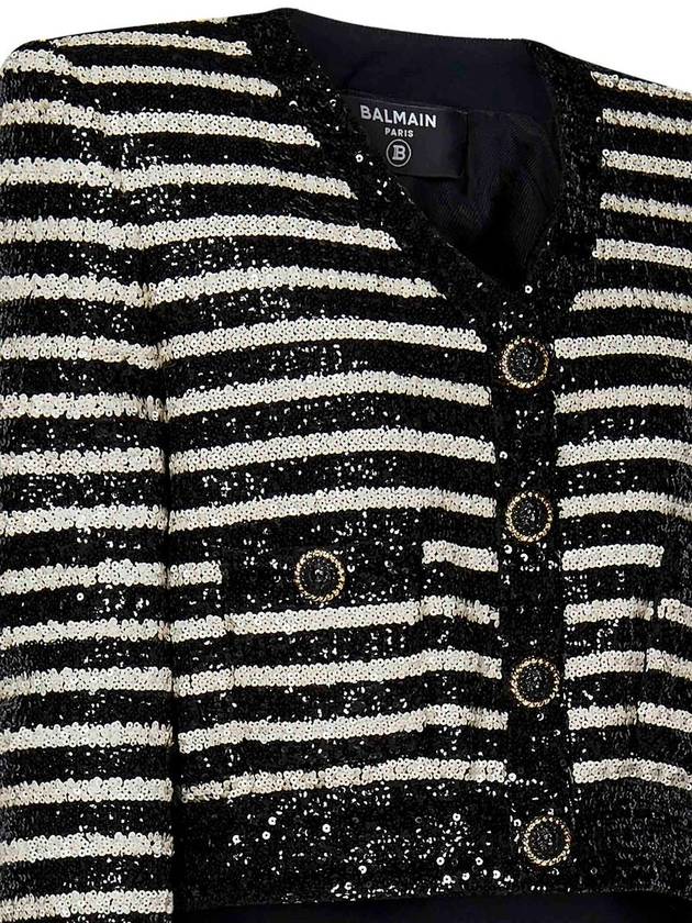 Black And White Cropped Striped Jacket In All-Over Sequins Fabric Woman - BALMAIN - BALAAN 3