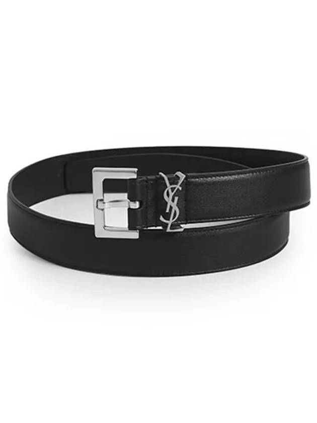 Square Buckle Monogram Leather Belt Black - SAINT LAURENT - BALAAN 6