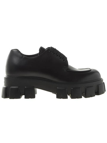Men's Brushed Leather Monolith Lace-Up Derby Shoes Black - PRADA - BALAAN.