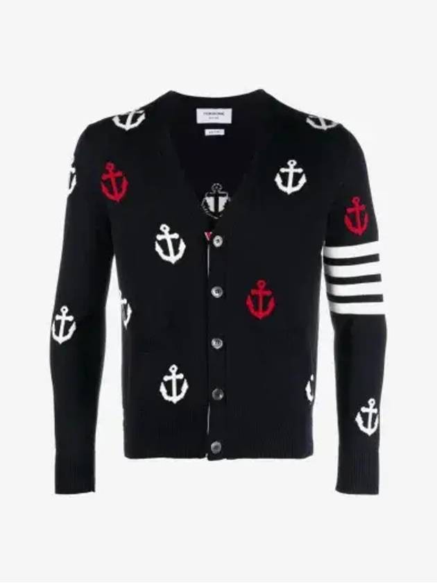 Anchor Intarsia 4-Bar V-Neck Cardigan Navy - THOM BROWNE - BALAAN 3