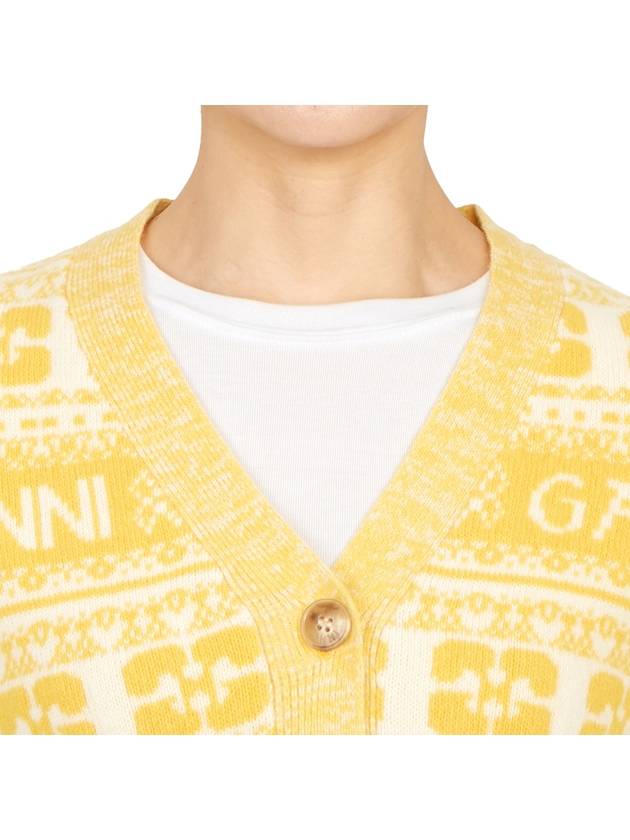 Intarsia Logo Wool V-Neck Cardigan Yellow - GANNI - BALAAN 9