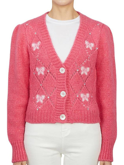 Embroidered Butterfly Pointel Alpaca Cardigan Pink - ALESSANDRA RICH - BALAAN 2