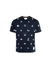 Embroidered Cotton Short Sleeve T-Shirt Navy - THOM BROWNE - BALAAN 2