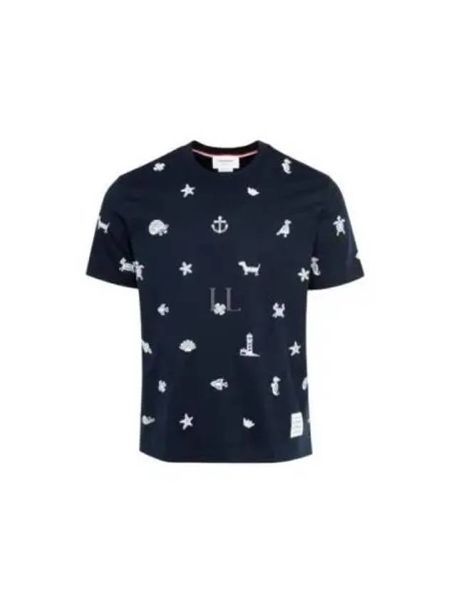 Embroidered Cotton Short Sleeve T-Shirt Navy - THOM BROWNE - BALAAN 2