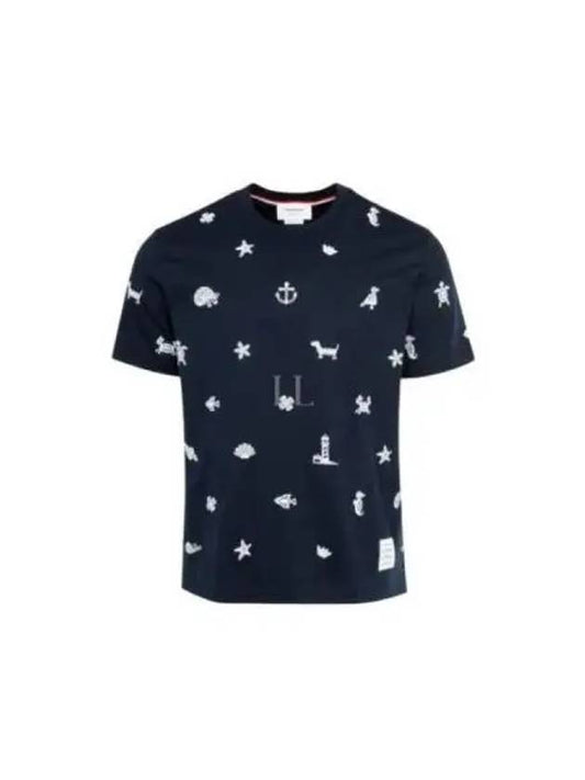 Embroidered Cotton Short Sleeve T-Shirt Navy - THOM BROWNE - BALAAN 2