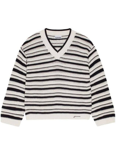 Striped V-Neck Open Knit Top - GANNI - BALAAN 1