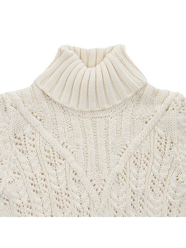 Women's 4 Bar Irish Pointelle Cable Merino Wool Turtleneck White - THOM BROWNE - BALAAN 4