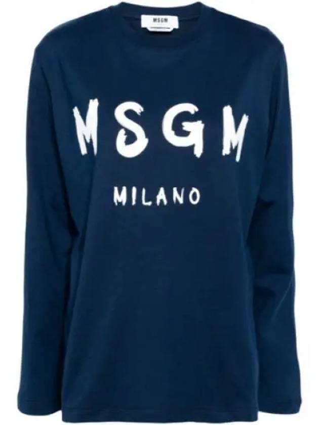 Brushed Logo Cotton Long Sleeve T-Shirt Navy - MSGM - BALAAN 2