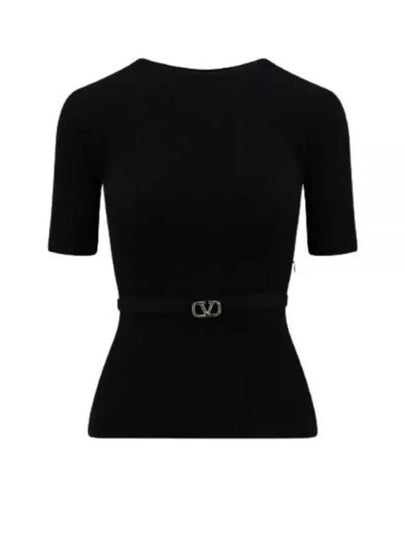 V Metal Logo Belt Detail Wool Knit Top Black - VALENTINO - BALAAN 2