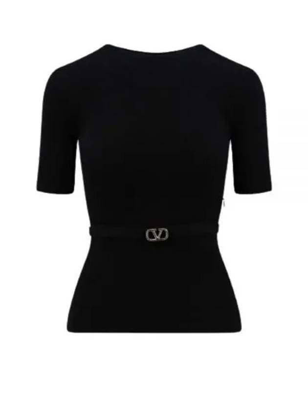 Women's V Logo Belt Wool Knit Top Black - VALENTINO - BALAAN 2