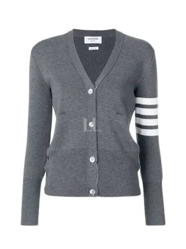 Milano Stitch 4 Bar Classic V Neck Fine Merino Wool Cardigan Medium Grey - THOM BROWNE - BALAAN 2