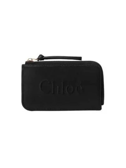 Embroidered Logo Shiny Calf Skin Zipper Card Wallet Black - CHLOE - BALAAN 2