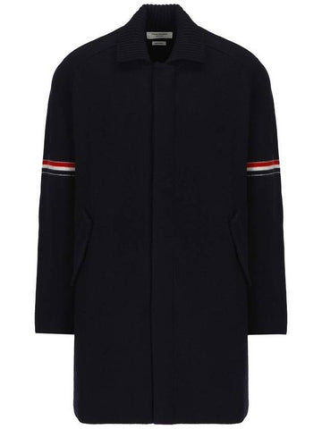 Arm Banding Striped Car Voile Wool Single Coat Navy - THOM BROWNE - BALAAN 1