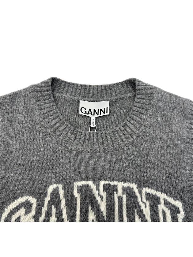 Logo Graphic Crew Neck Wool Knit Vest Grey - GANNI - BALAAN 6