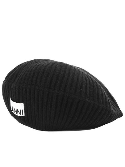 Logo Rib Edge Wool Beret Black - GANNI - BALAAN 2