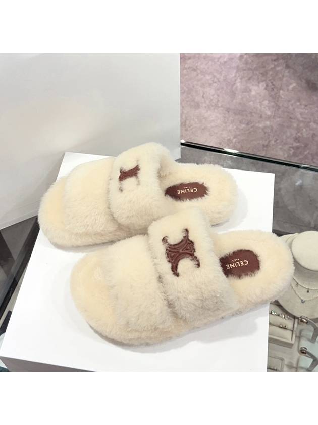 Slippers Triomphe Fur Slides Shearling Ivory - CELINE - BALAAN 8