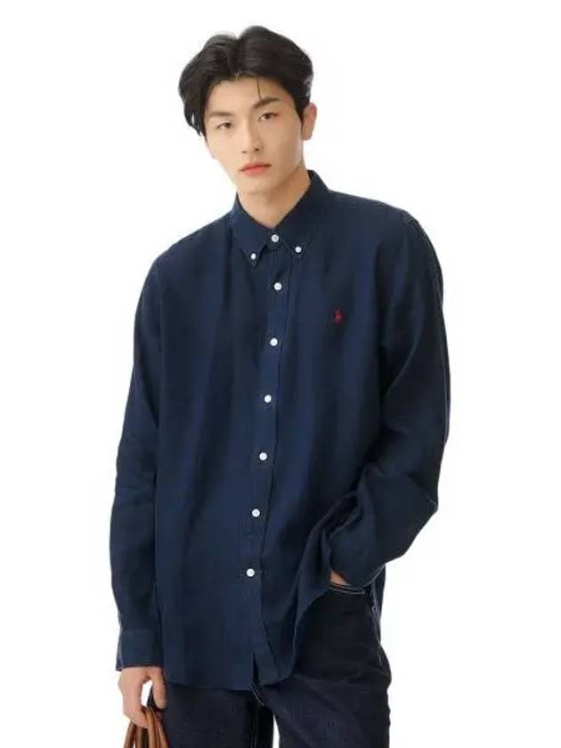 Custom Fit Linen Shirt Navy - POLO RALPH LAUREN - BALAAN 1