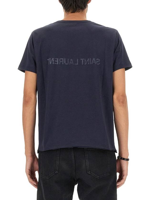 Reverse Logo Print Cotton Short Sleeve T-Shirt Navy - SAINT LAURENT - BALAAN 4