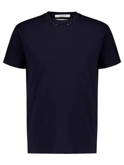 Rockstud Neckline Short Sleeve T-Shirt Navy - VALENTINO - BALAAN 2