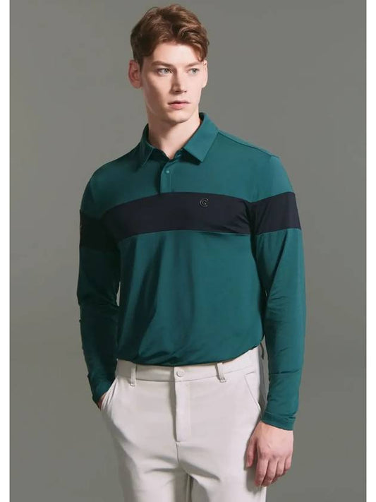 Men s color block soft touch long sleeve collar t shirt dark green - CLEVELAND GOLF - BALAAN 1