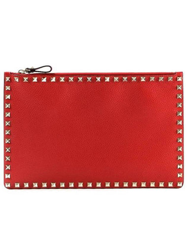 Rockstud Grained Leather Clutch Bag Red - VALENTINO - BALAAN 1