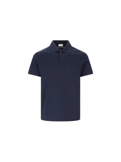 Men's Monogram Cotton Short Sleeve Polo Shirt Navy - SAINT LAURENT - BALAAN 2