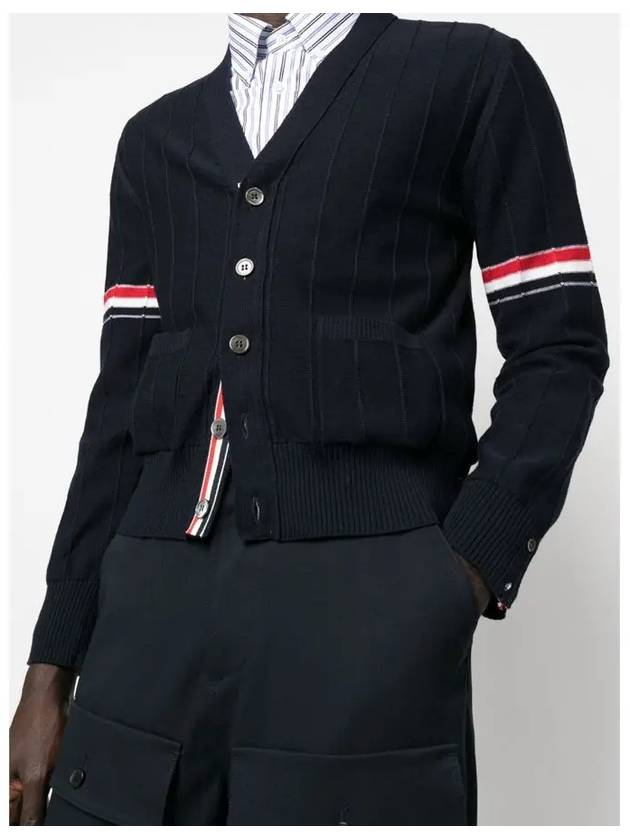 RWB V-neck Striped Virgin Wool Cardigan Navy - THOM BROWNE - BALAAN 4