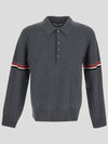 Striped Virgin Wool Long Sleeve Polo Shirt Grey - THOM BROWNE - BALAAN 1