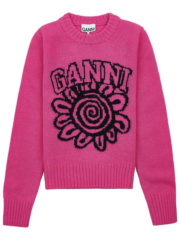 Pink Flower Graphic O-Neck Knit Top Pink - GANNI - BALAAN 2