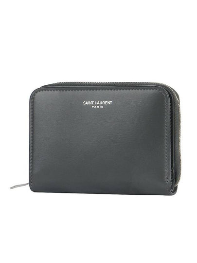 Women's Logo Zipper Compact Calfskin Half Wallet Grey - SAINT LAURENT - BALAAN 2