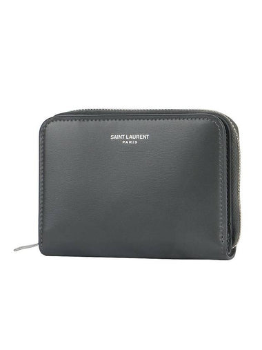 Women's Logo Zipper Compact Calfskin Half Wallet Grey - SAINT LAURENT - BALAAN 1