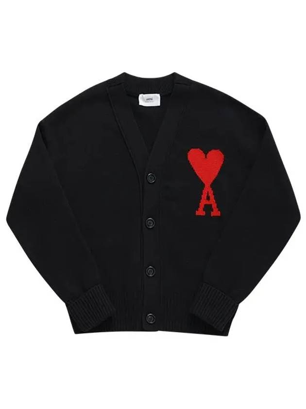 Intarsia Big Heart Logo Oversized Virgin Wool Cardigan Black - AMI - BALAAN 3