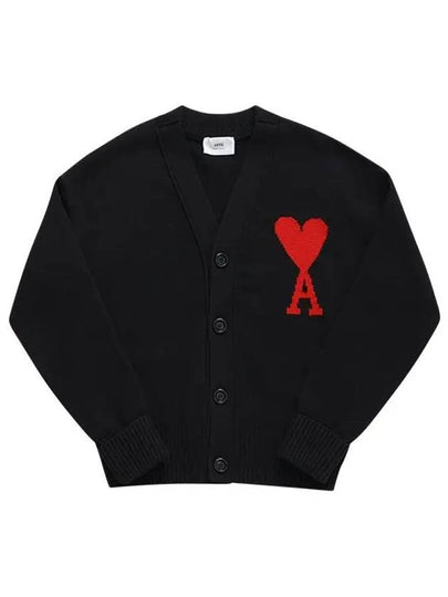 Intarsia Big Heart Logo Oversized Virgin Wool Cardigan Black - AMI - BALAAN 2