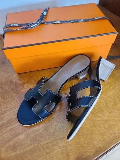 Oasis Calfskin Slipper Heels Noir Piqures Ecrues - HERMES - BALAAN 2