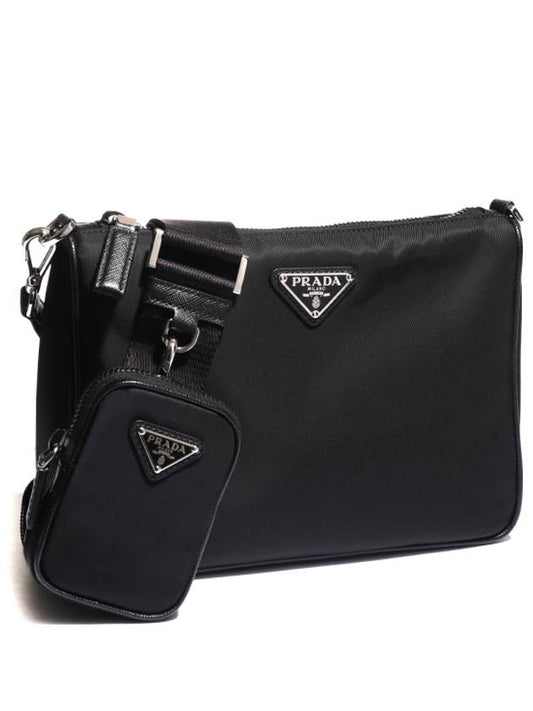 Triangle Logo Re-Nylon Saffiano Leather Shoulder Bag Black - PRADA - BALAAN 2