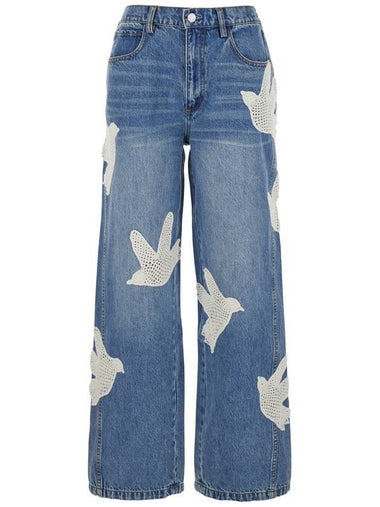 'Payton' Blue Jeans With All-Over Crochet Birds In Cotton Blend Woman - SEA - BALAAN 1