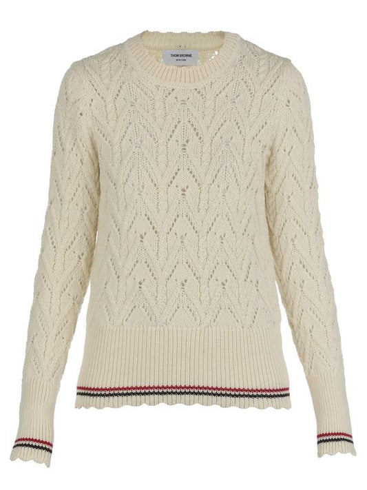 Women's Pointel Cable Merino Wool Pullover Knit Top White - THOM BROWNE - BALAAN 1