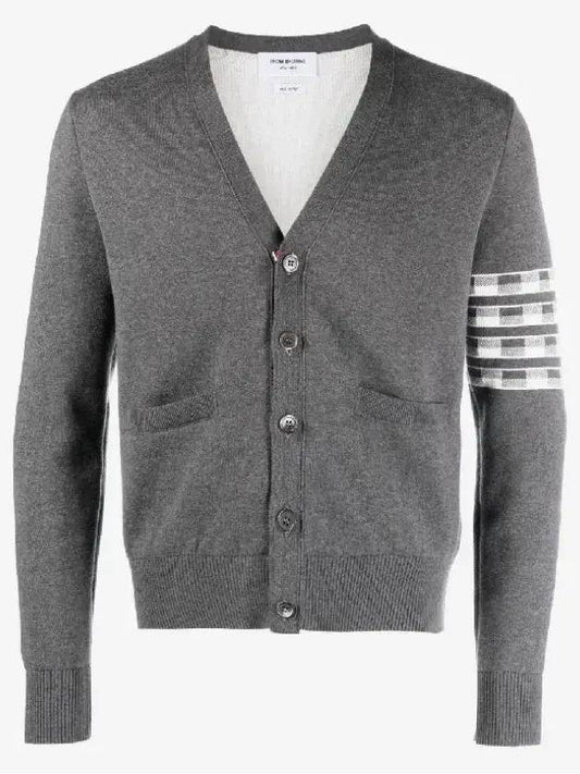 4-Bar V-Neck Hector Jacquard Cotton Cardigan Grey - THOM BROWNE - BALAAN 2